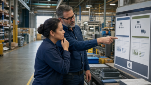 An experienced production planner and an operations colleague compare two supply-chain choices beside the factory floor before approving an action.
