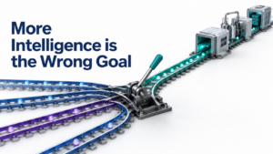 Blue and purple tracks converge at a switch onto a teal route, illustrating intelligence directed into action.